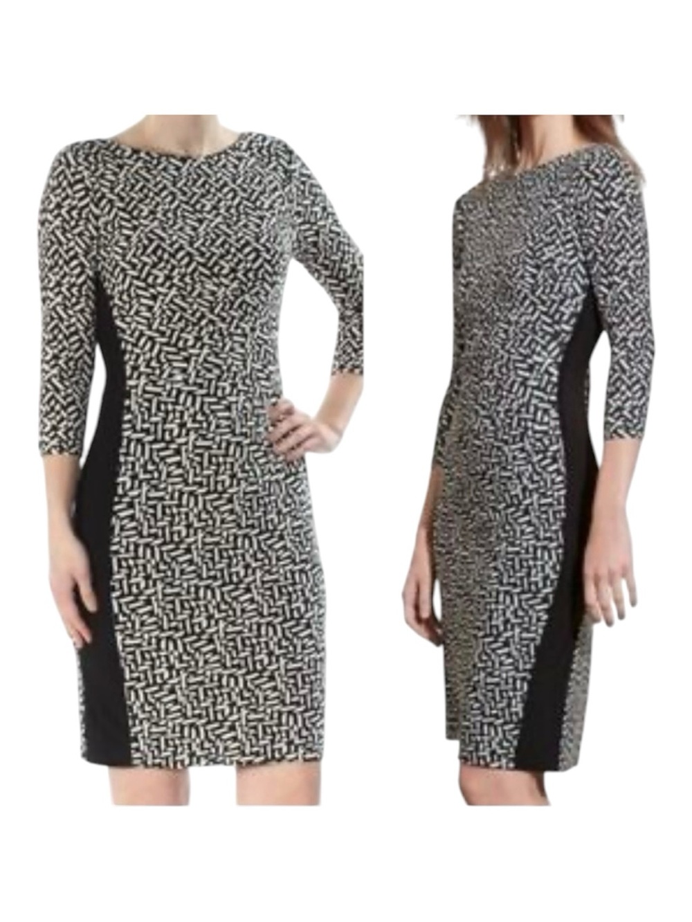 Lauren Ralph Lauren Black & White Graphic Print Sheath Dress with Side Panels 12